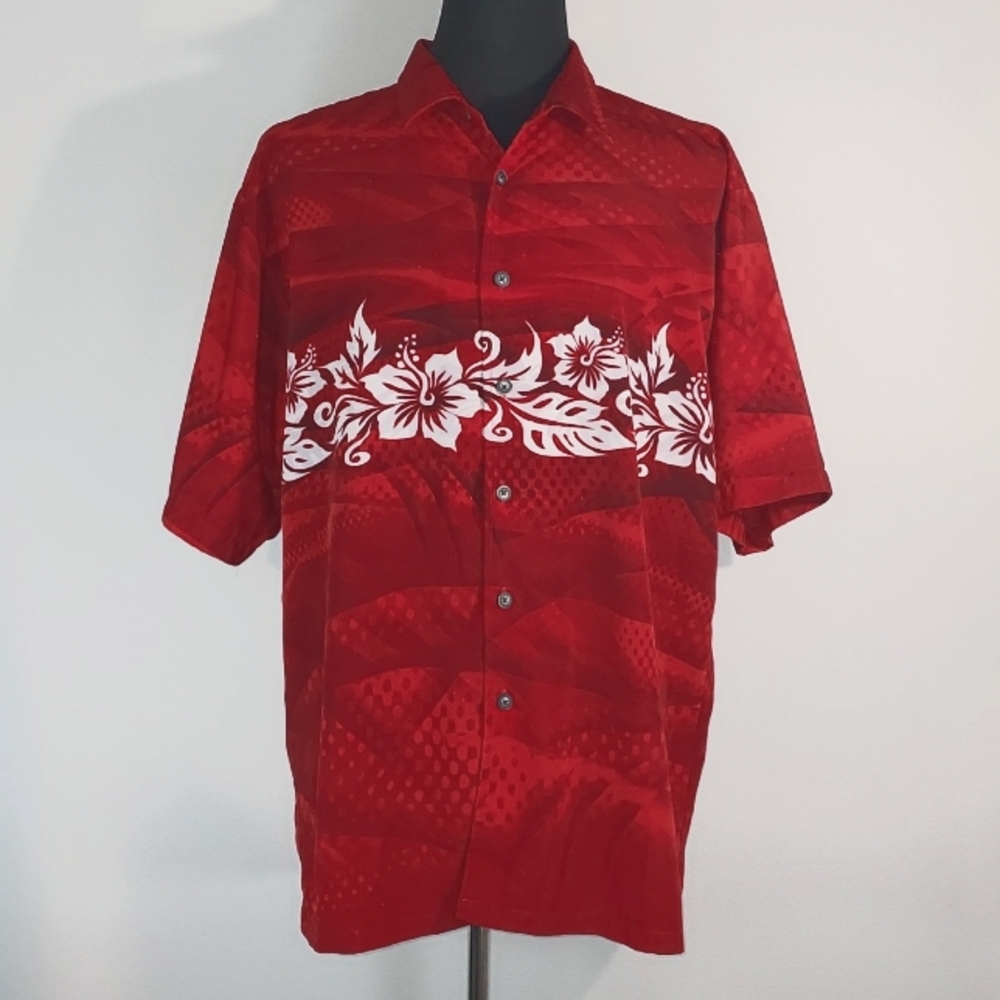 Odo Red Hawaiian Tropical Men's S/S Button Up Shirt Size XL